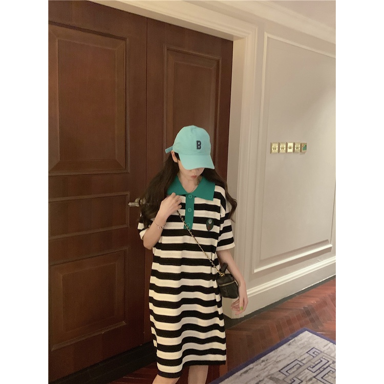 Xiaozhainv Đầm Midi Tay Ngắn Cổ Polo Dáng Rộng Họa Tiết Sọc Xanh Lá Thời Trang Mùa Hè Cho Nữ