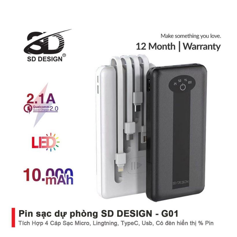 Sạc dự phòng chính hãng SD DESIGN G01 dung lượng 10.000 mAh có đầy đủ chân sạc cho iphone, samsung, xiaomi,...