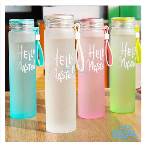 Bình Nước Thủy Tinh In Chữ Hello Master 480ML có dây xách