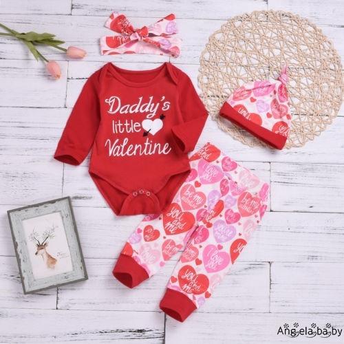 Nhv-baby Girls Daddy 's Little Valentine Áo Liền Quần + Quần Mũ 4 Bộ Trang Phục