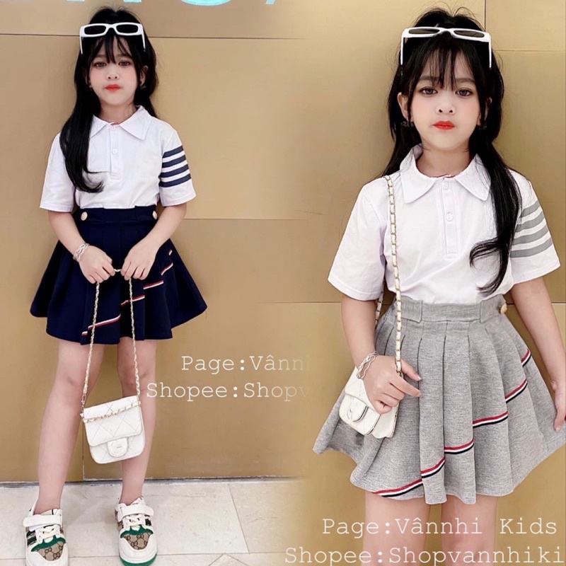 Set áo trắng cổ bẻ + cv xếp ly 2 màu bé gái