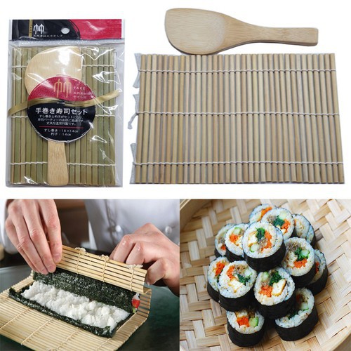 Mành cuộn Sushi bằng tre kèm muôi xới (cỡ vừa) hàng Nhật Bản Dùng để quấn cơm cuộn