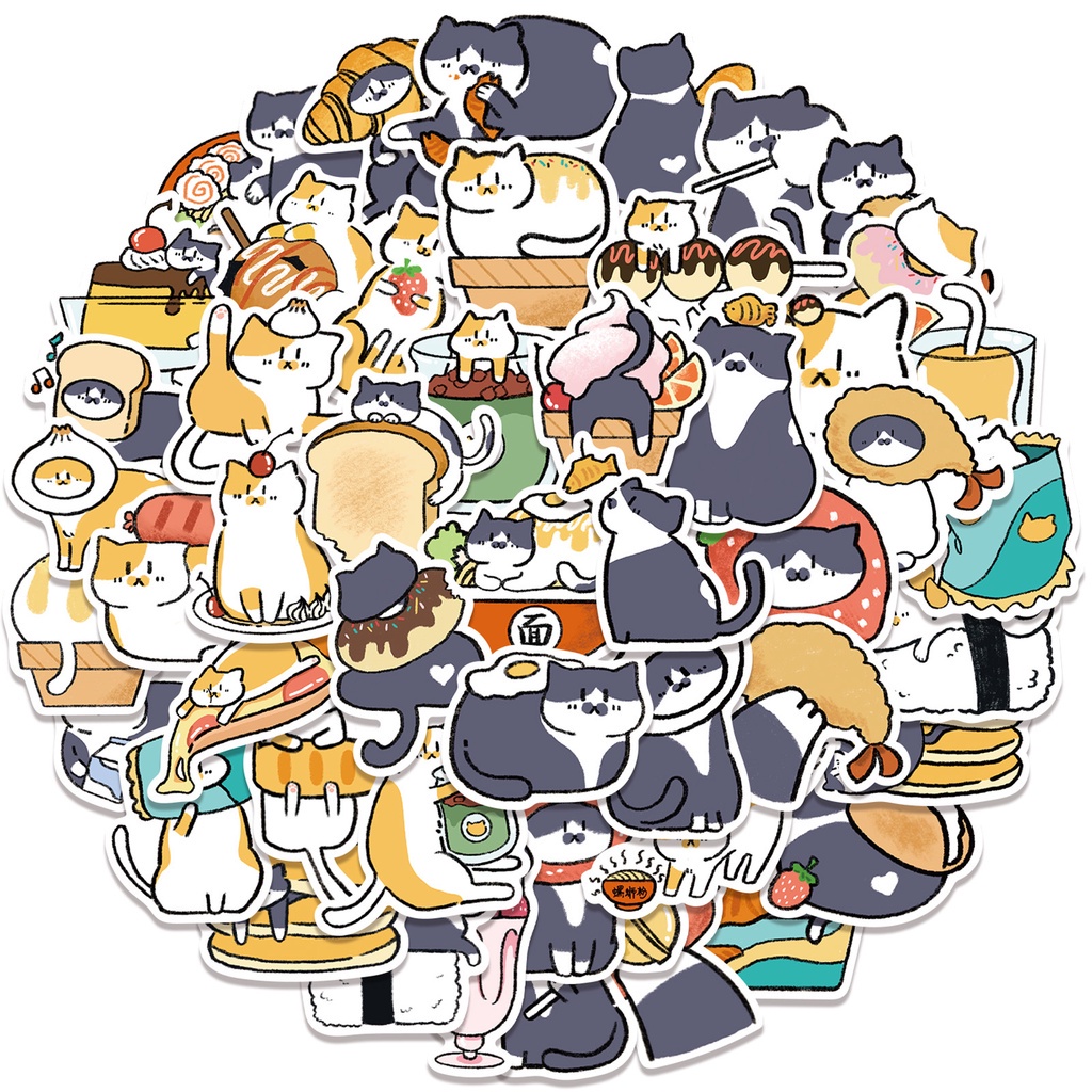 Set 50 chiếc sticker chống thấm nước MÈO XANH XÁM DỄ THƯƠNG cute dán mũ bảo hiểm, laptop, vali, đàn guitar