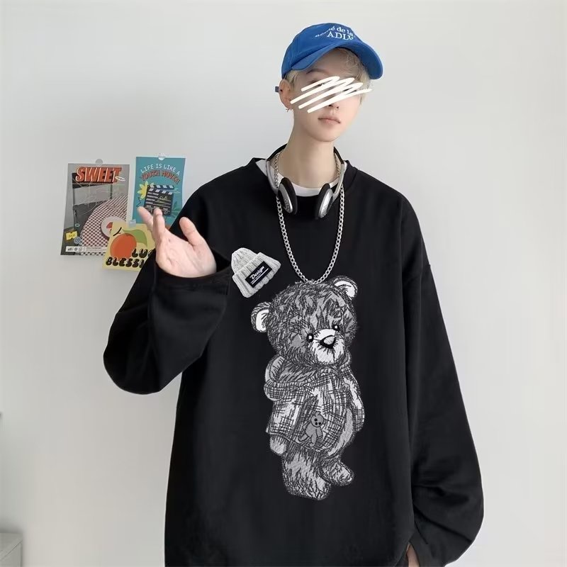 Áo Thun Tay Dài Dáng Rộng In Họa Tiết Gấu Hoạt Hình Thoải Mái Thời Trang Cho Nam Và Nữ size M-5XL