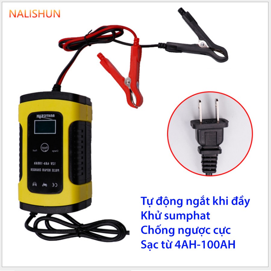 Bộ sạc bình acquy 12V 4ah -100ah, sạc bình acquy xe máy ô tô thông minh tự động ngắt khi đầy