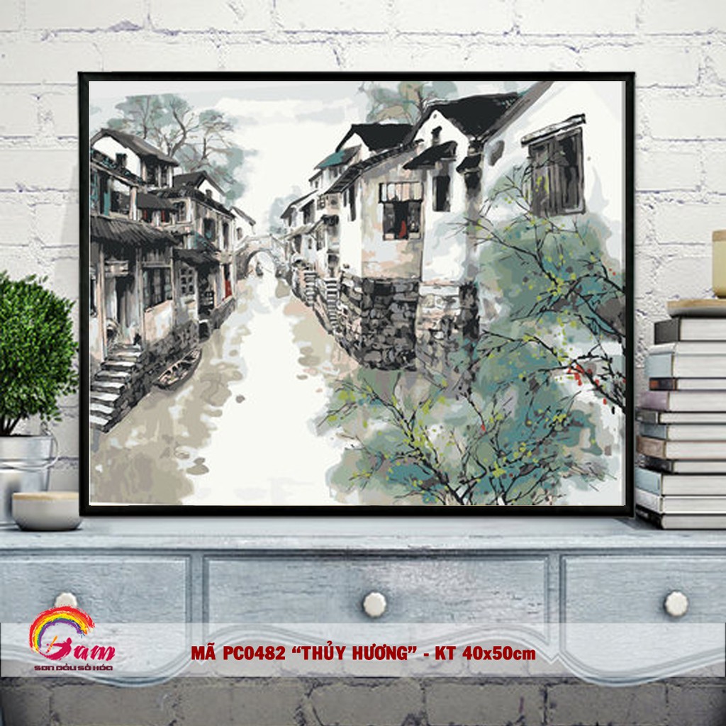 Tranh sơn dầu số hoá phong cảnh thủy mặc sông nước Giang Nam PC0482