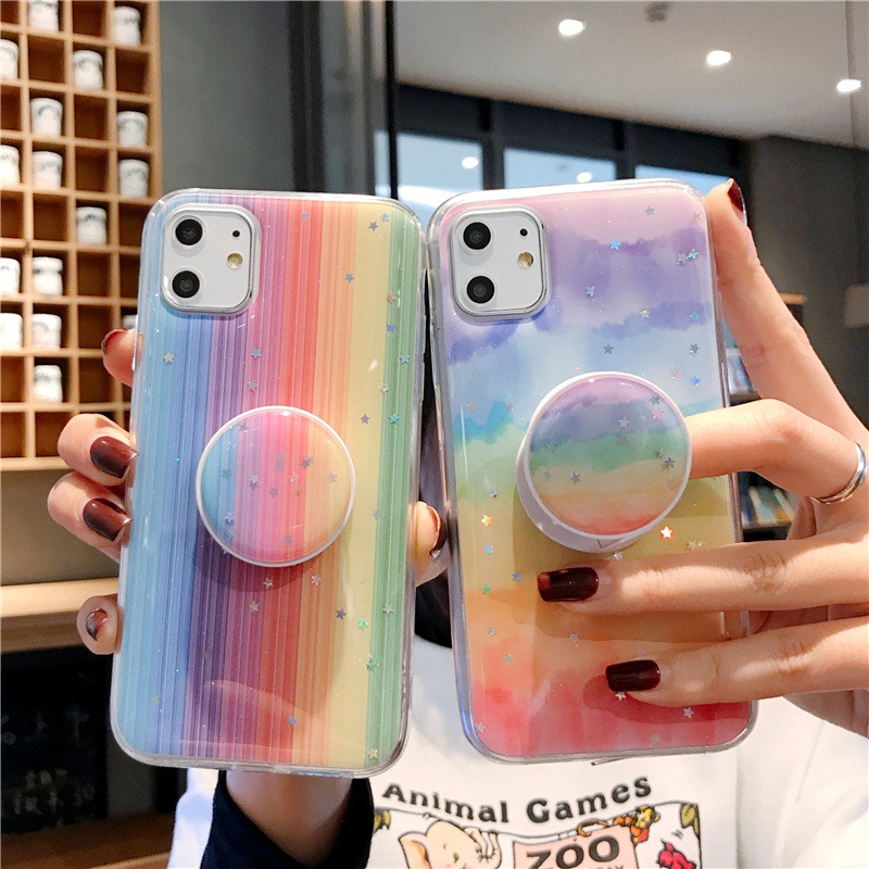 Gradient Rainbow Case iPhone 7 8 6s 6 Plus Drop-Resistant Epoxy iPhone 11 pro max Soft Cover iPhone X XS XR Mobile Phone Cases +Holder