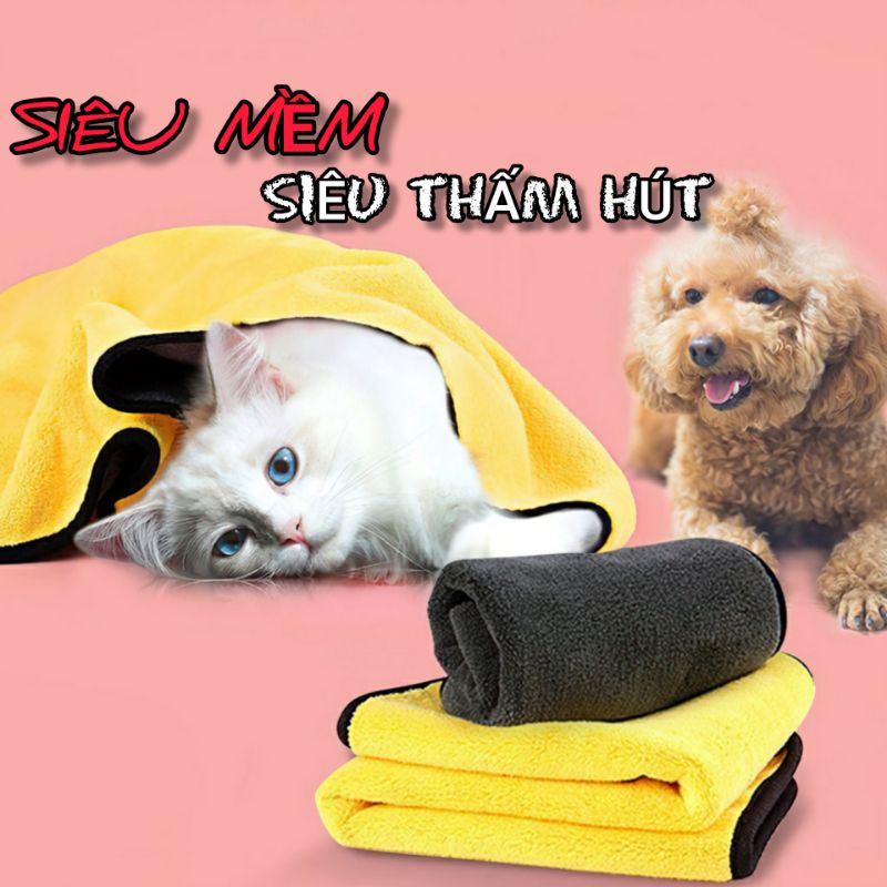 Khăn Tắm Chó Mèo Siêu Thấm Hút Lau Nhanh Khô 2 Mặt Vàng Xám