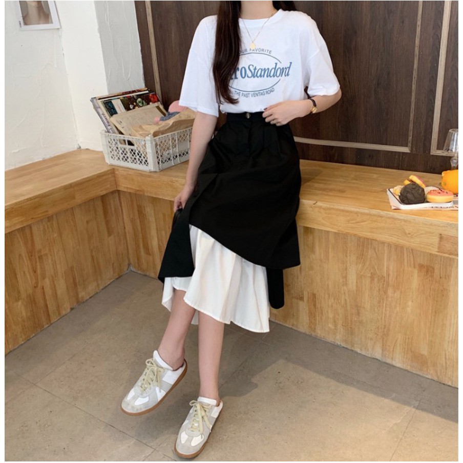Chân Váy Dài Phối Lệch 2 Màu Đen Trắng, Dáng Ulzzang dài chất liệu đẹp CV009 | BigBuy360 - bigbuy360.vn