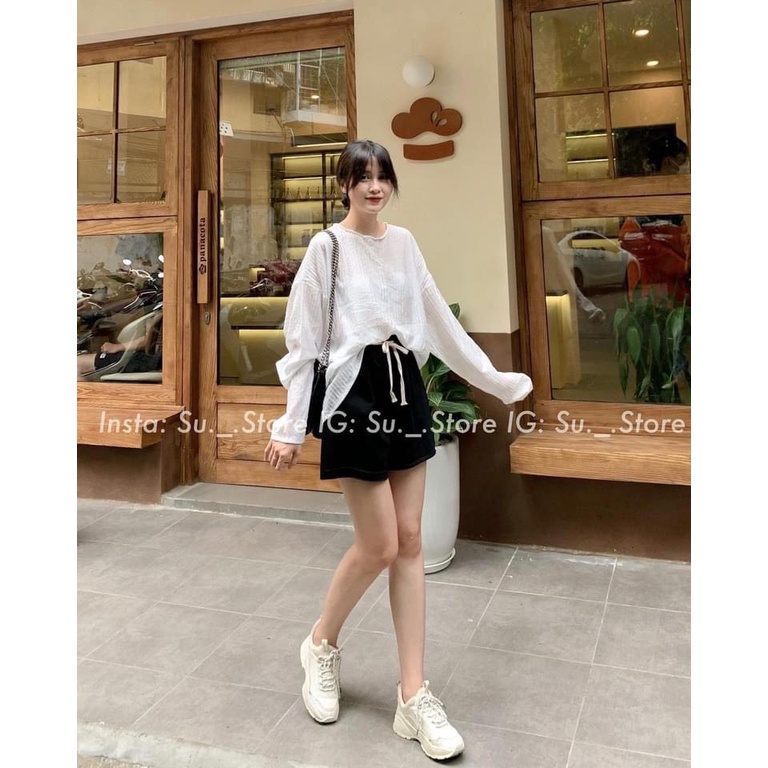 Áo tơ sọc dài tay thu đông AUDREY dạng rộng cổ tròn vải tơ mỏng cao cấp - Ngọc uyên Store