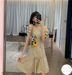 Đầm caro tay bồng đuôi cá kèm đai
