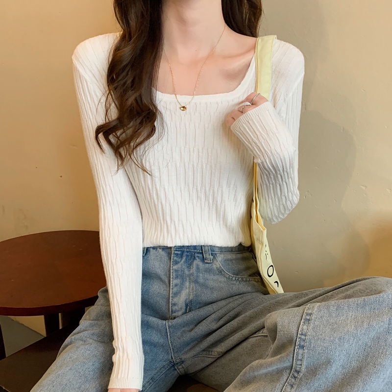 Áo dệt kim cổ vuông tay dài phong cách thời trang thu đông cho nữ