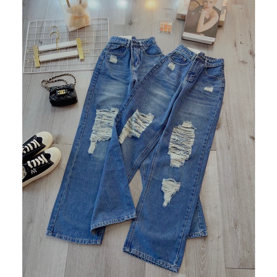 [ OR2N24 ] QUẦN JEANS ỐNG RỘNG NỮ LƯNG CAO MÀU XANH ĐẬM RÂU MÈO RÁCH NHIỀU ĐÙI LAI CUỐN KHUẤY ĐỘNG MỌI ÁNH NHÌN CAO CẤP
