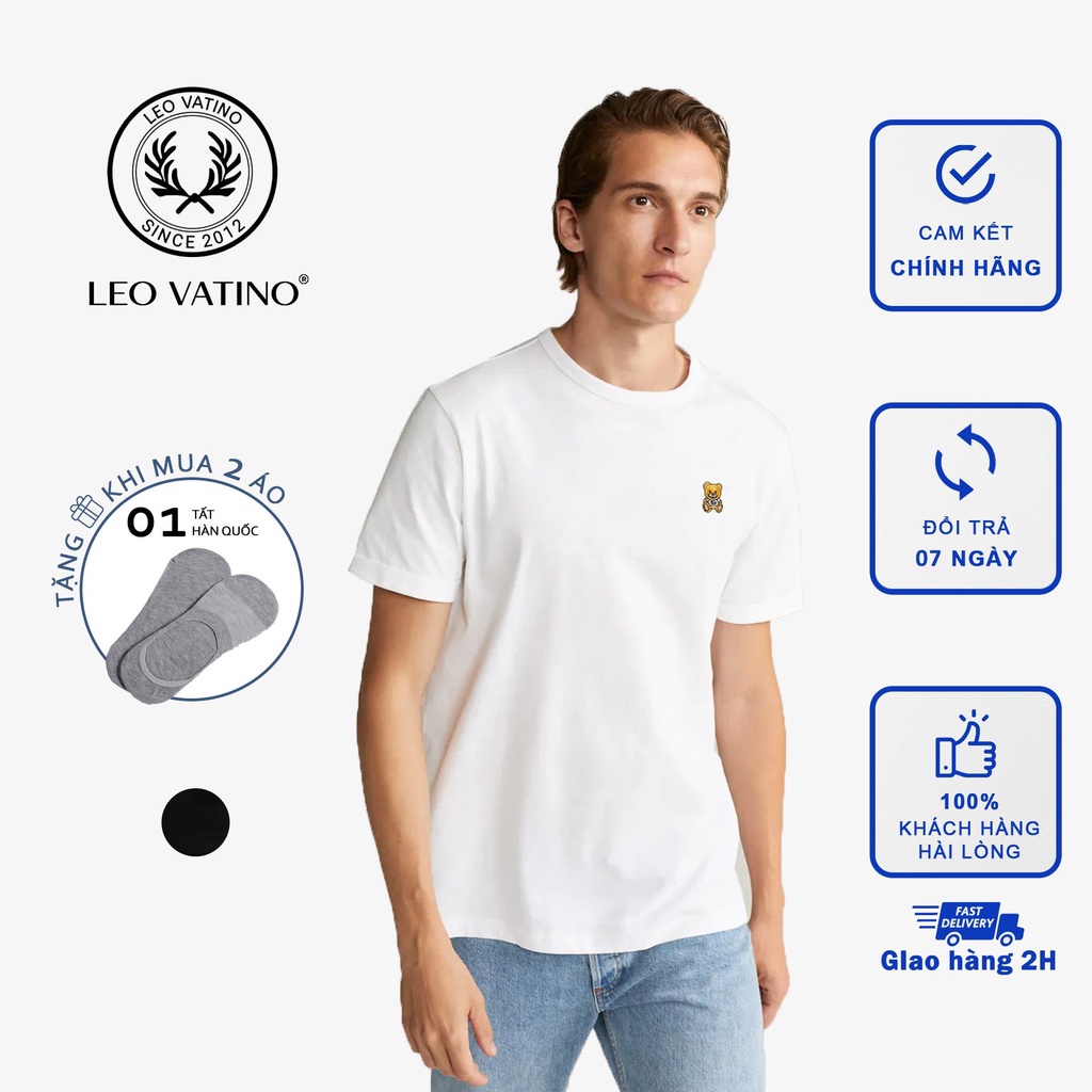 Áo thun nam Leo Vatino Cotton co giãn 4 chiều thêu Gấu Teddy cổ tròn tay ngắn APGP15