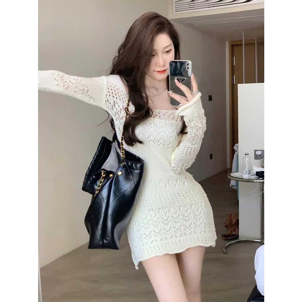 LALISAS Đầm Dệt Kim Mỏng Hở Eo Thời Trang Hàn Quốc Cho Nữ