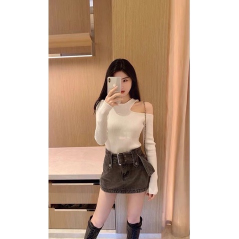Áo thun kiểu croptop tay dài phối hở cá tính sexy cho nữ phong cách Hàn Quốc