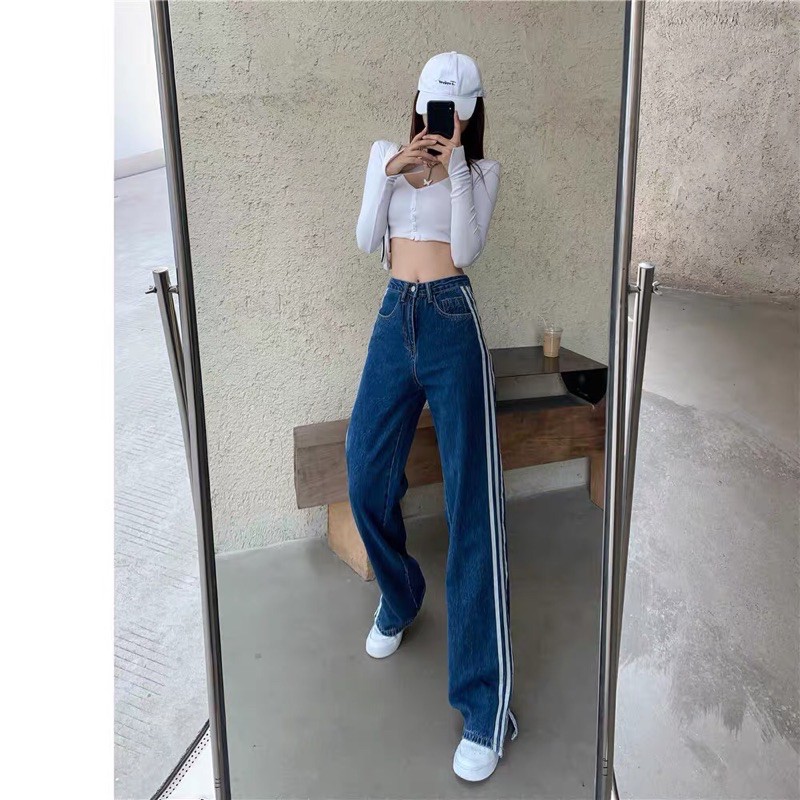 Quần jeans ulzzang xẻ gấu kẻ sọc phong cách JENNIE BLACKPINK hot trend 2021 KÈM 3 ẢNH THẬT CUỐI