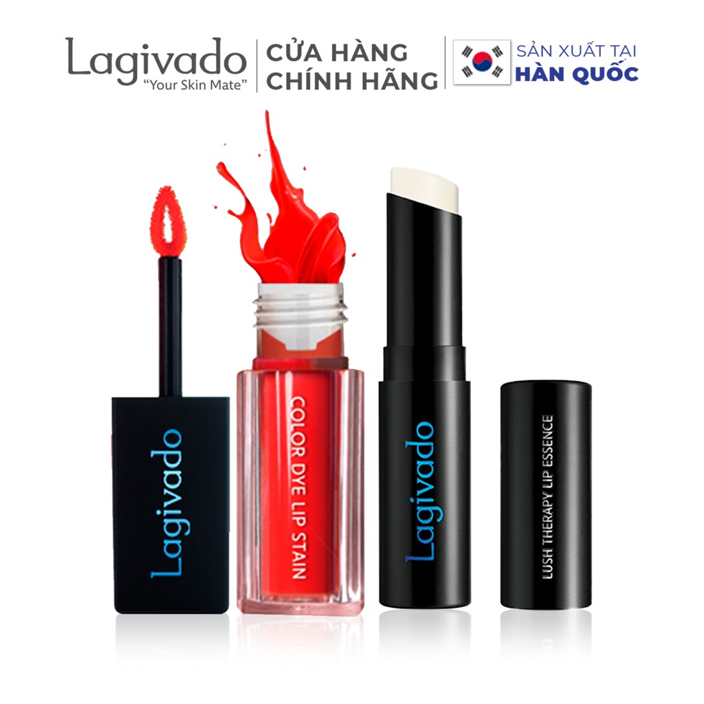 Set son trang điểm Hàn Quốc gồm son kem lì Lagivado Color Dye Lip Stain và son dưỡng không màu Lush Therapy Lip Essence
