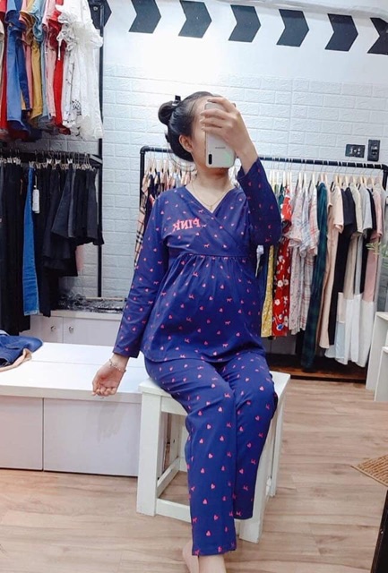 Bộ Pink bầu và sau sinh dài tay vạt chéo cho mẹ