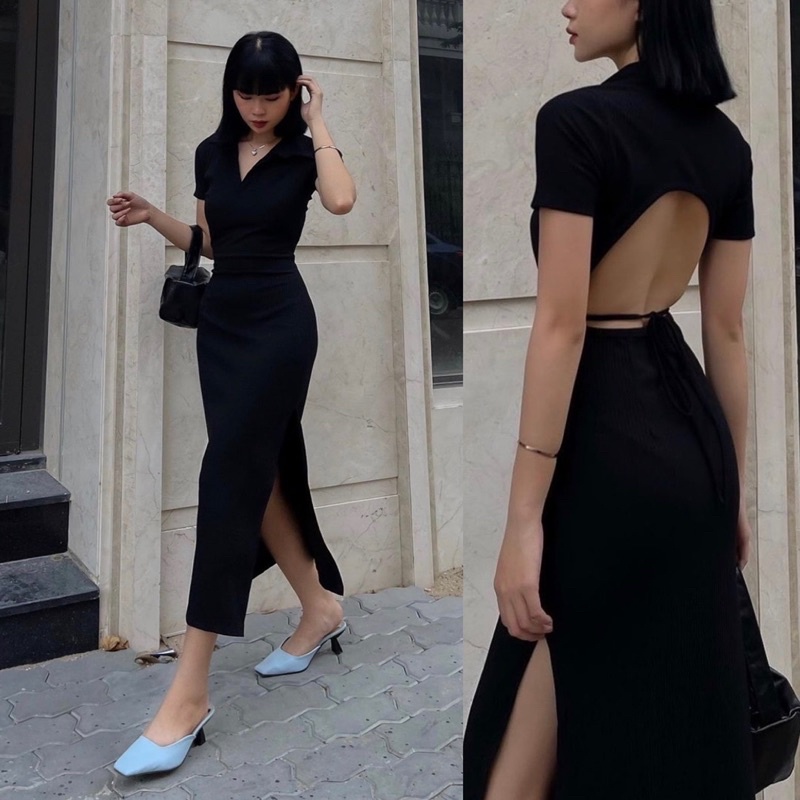 Đầm body đen cổ bẻ cut-out lưng