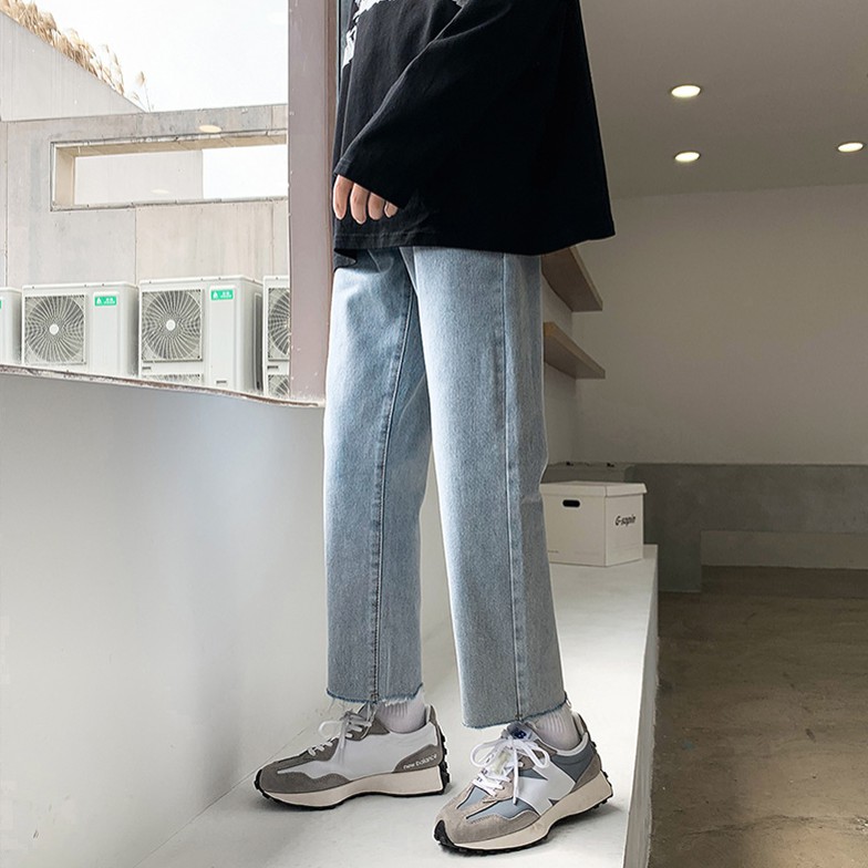 [Tiền Nào Của Đấy]Quần Jean Baggy Nam Cắt Gấu Ống Rộng Màu Xanh Trơn Basic Unisex Vải Co Giãn-B02