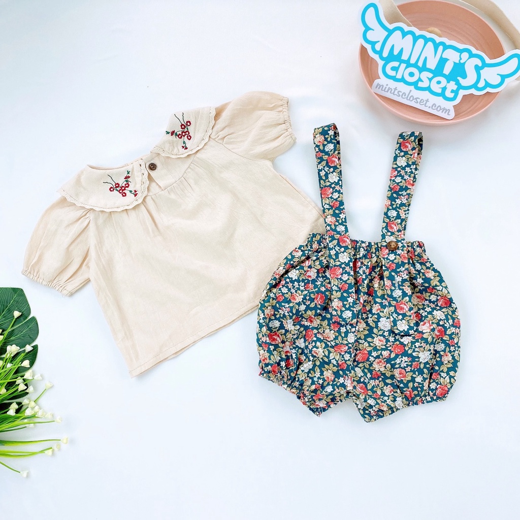 Set yếm bé gái kèm áo thêu hoa thô boil mềm phối ren cho bé 6 - 16kg MINTSCLOSET Mint's Closet - YE5030