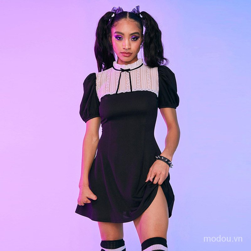 Đầm Mini Phối Ren Phong Cách Vintage Thanh Lịch Cho Nữ