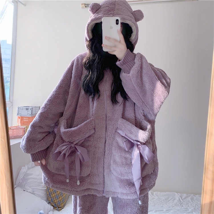 Bộ ngủ lông gấu giữ nhiệt mùa đông túi thắt nơ dễ thương,bộ đồ mặc nhà nhung bông mềm mịn 2 màu hồng tím_ TONGKHOQUANAON | BigBuy360 - bigbuy360.vn
