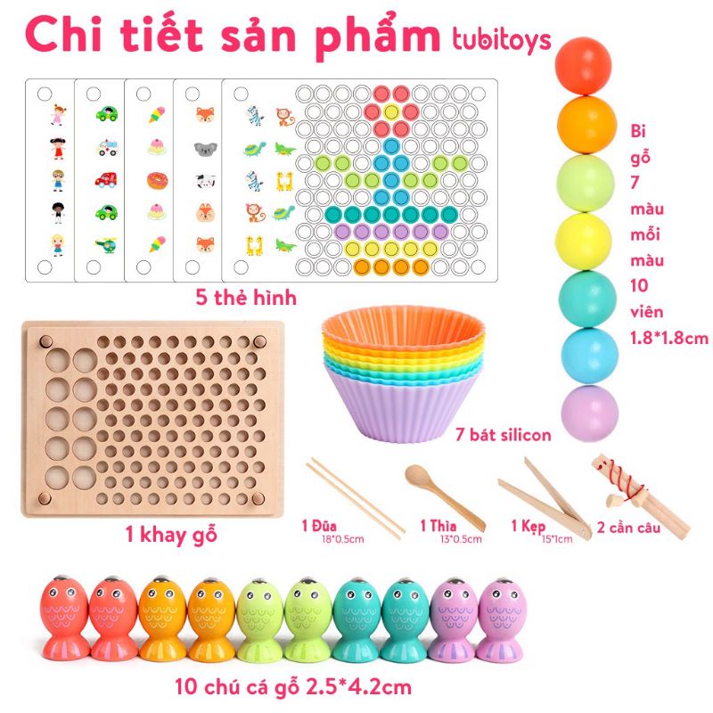 Đồ chơi gỗ Gắp hạt Montessori kèm câu cá, lật hình rèn trí tuệ cho bé 2,3,4,5 tuổi