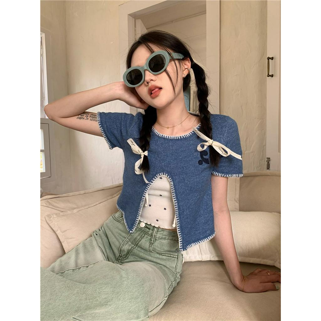 61595 Áo Dệt Kim Ngắn Tay Xẻ Tà Phía Trước