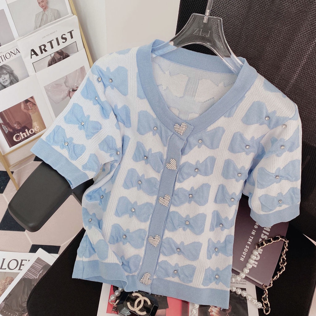 Áo kiểu Pure Cube tay ngắn chất lượng cao phối họa tiết nơ ngọt ngào đáng yêu cho nữ