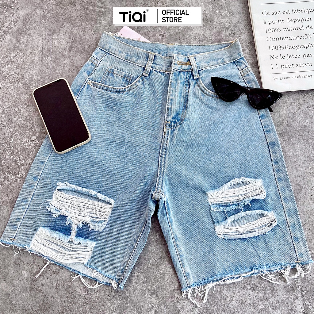 Quần jean ngố nữ lưng cao lai tua màu xanh TiQi Jeans N181 N188