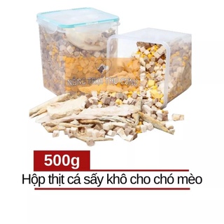 Hộp thịt cá sấy khô 500g cho chó mèo - mix 8 loại: chim cút, gà, trứng, gan, ....