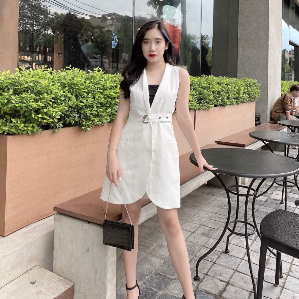 [HÀNG THIẾT KẾ] Váy đầm vest trắng 2 lớp dây thắt eo mới lạ độc đáo  TK04 (ảnh thật hàng sẵn)