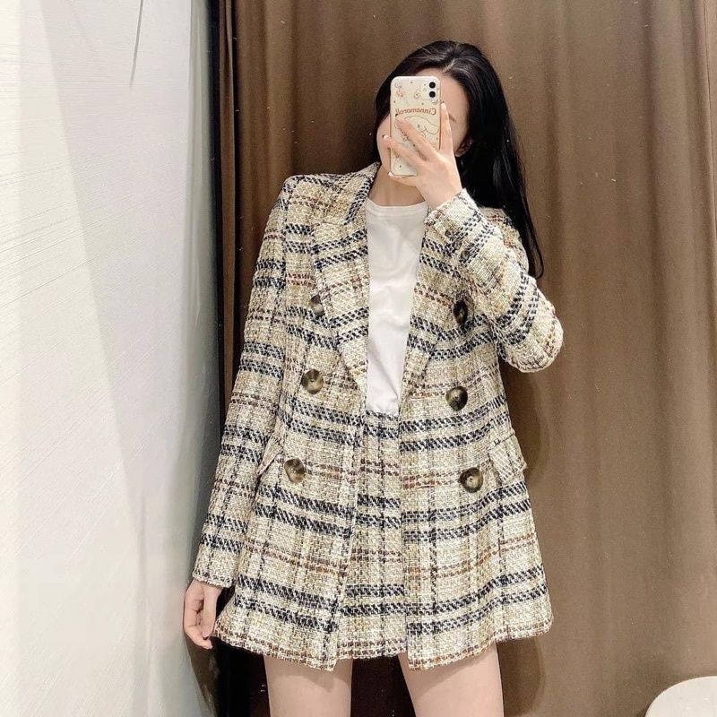 Set Áo khoác+Quần váy kẻ dạ tweed- sẵn