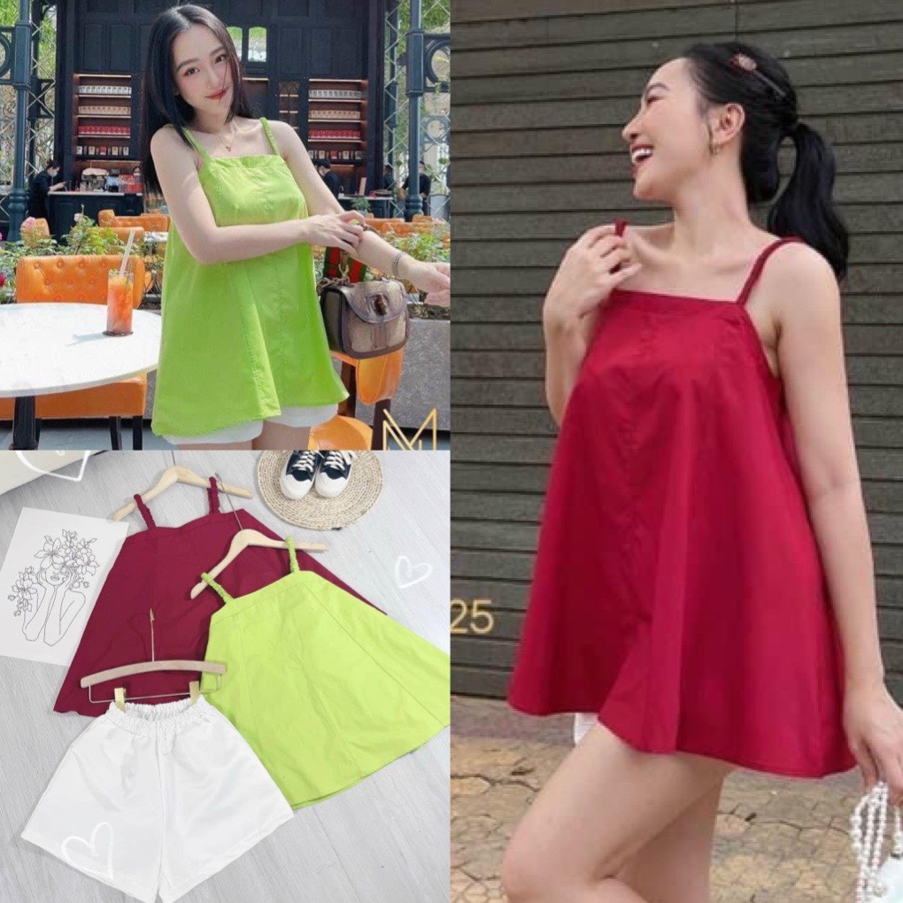 Sét áo 2 dây xòe chữ A kèm quần short trắng chất thô mềm về màu cốm, đỏ phong cách ulzzang hàn quốc