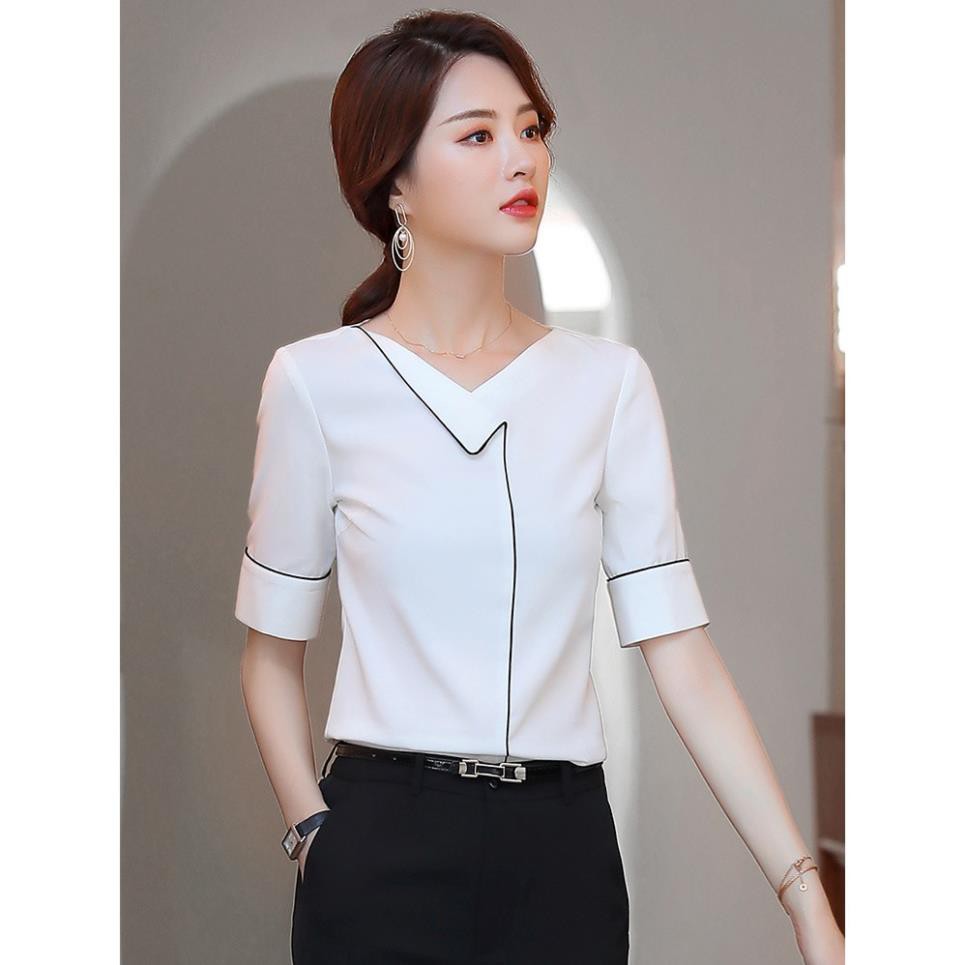 Áo Sơ Mi Nữ VNXK Cao Cấp SM176 - Áo Công Sở Nữ Thiết Kế Lụa Tay Lỡ Cổ Đáp Viền Đen - TINI Shop