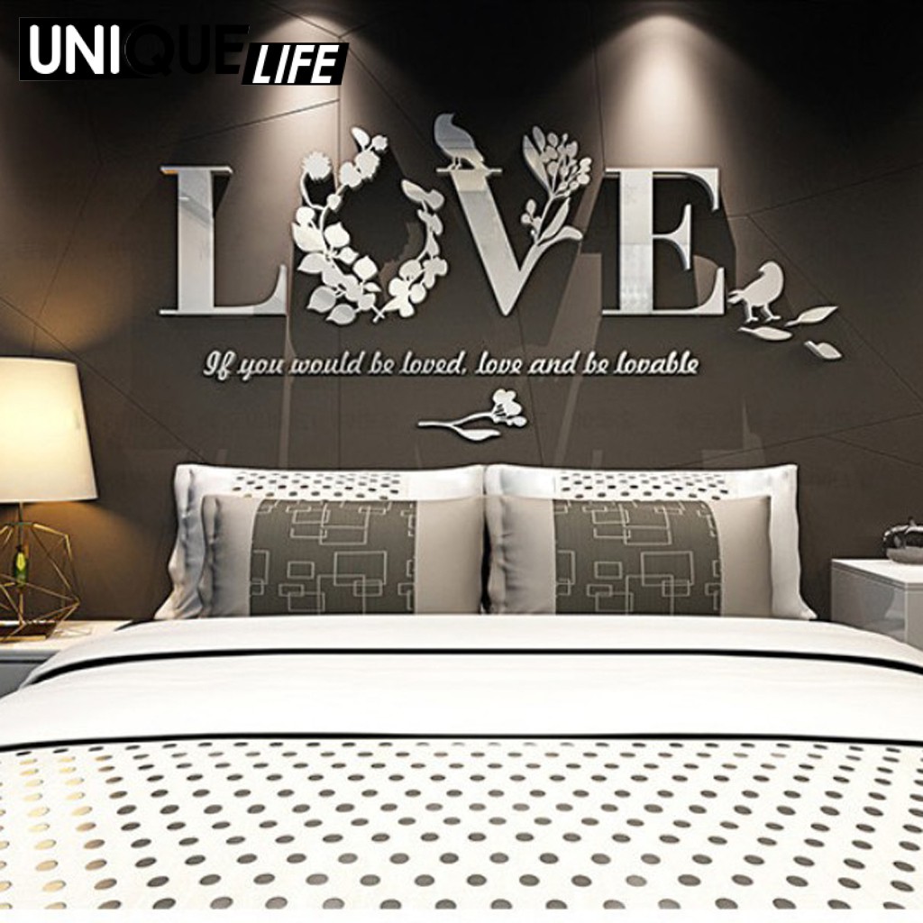 Sticker Gương Dán Tường 3d Hình Lá Và Chữ Love