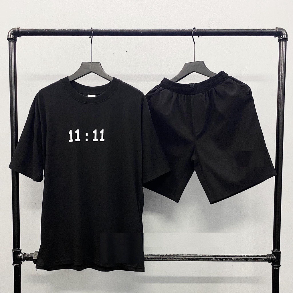 Sét Áo phông 11:11 + quần đùi đen, Áo thun from rộng, Chất đẹp không xù, quần suông ống rộng, Sét bộ mặc ở nhà - MODY