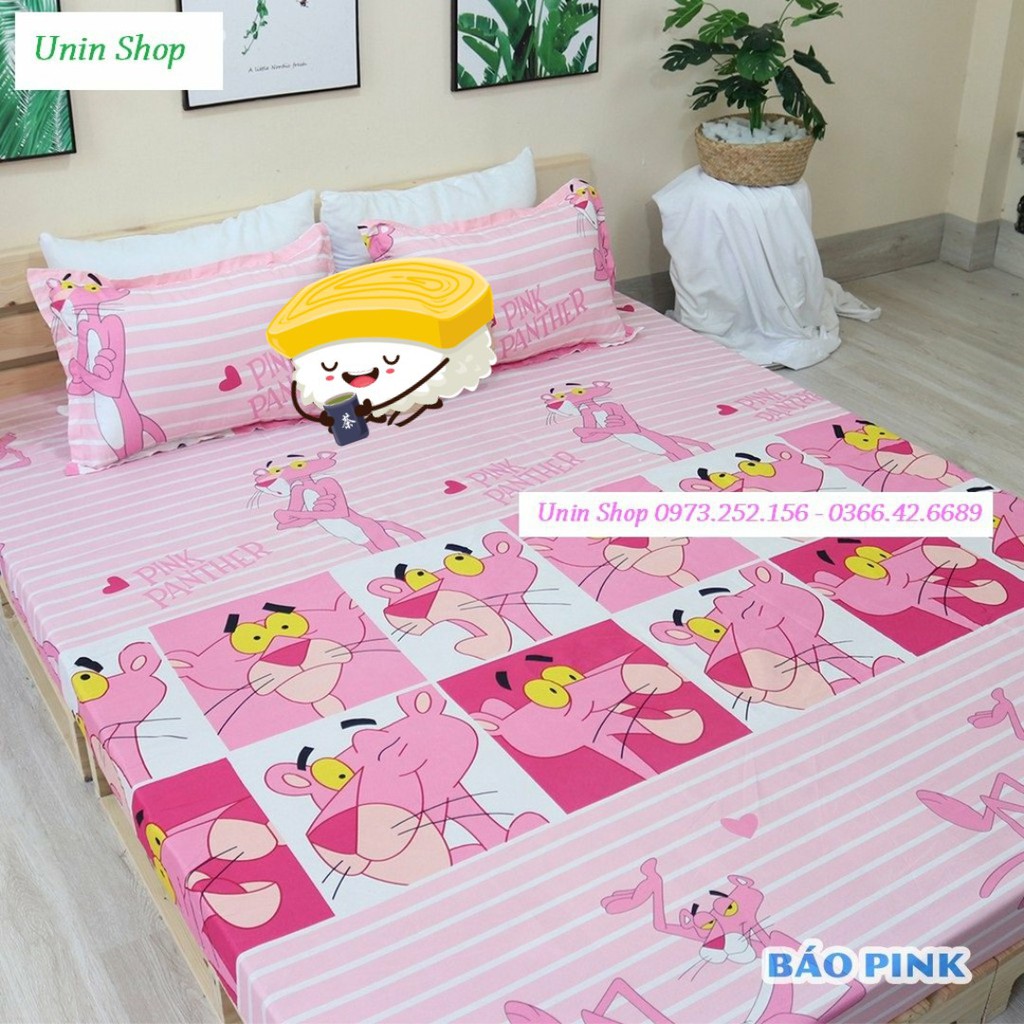 (Thanh lý) Bộ 3 món ga kèm 2 áo gối m6/m8/2m2 drap bo chun bọc nệm mẫu Báo pink poly cotton