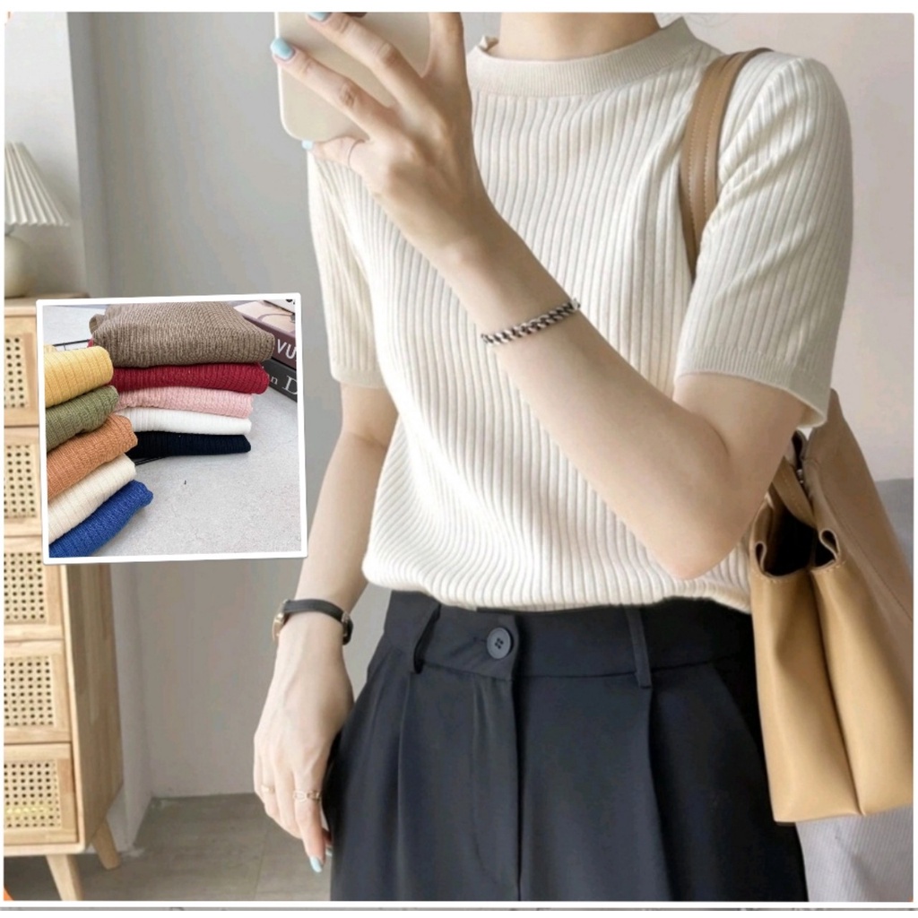Áo len đũa CỘC TAY cổ tròn kiểu dáng bassic