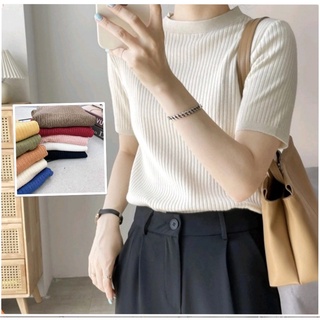 Áo len cộc tay cổ tròn kiểu dáng BASIC