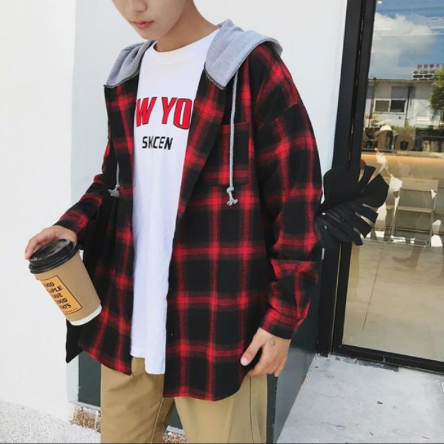 [CHẤT ĐẸP] ÁO KHOÁC SƠ MI FLANEL KẺ CARO CÓ NÓN UNISEX TT30 siêu hot