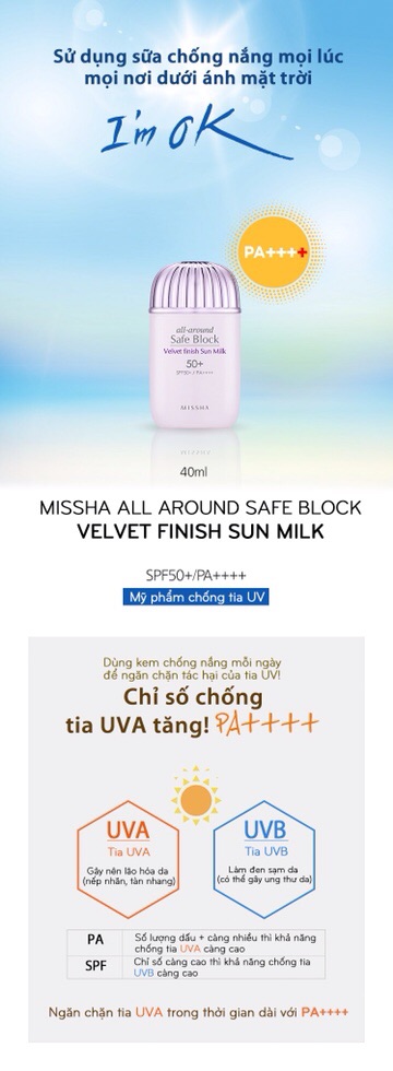 Sữa chống nắng Missha All-around Safe Block Velvet Finish Sun Milk SPF50+ PA++++ 70ml