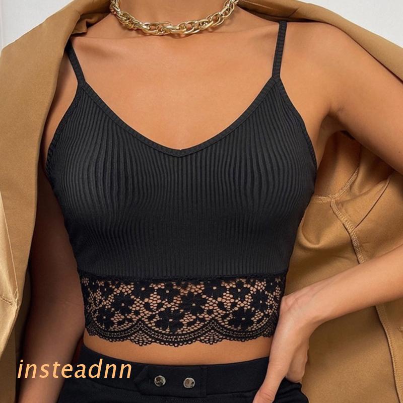 Áo croptop hai dây cổ chữ V khoét sâu hở lưng phối ren hoa gợi cảm cho nữ