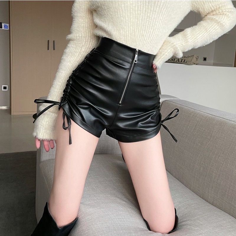 Quần short da nữ kiểu dây rút bên hông kiểu dáng sexy năng động phong cách hàn