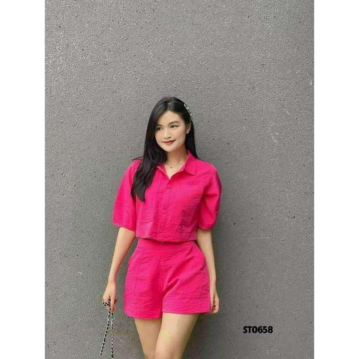 [8.8 Sales Freeship] Set đồ nữ, set bộ đùi đũi, set bộ sơ mi đũi tay ngắn áo croptop + quần short phồng cá tính