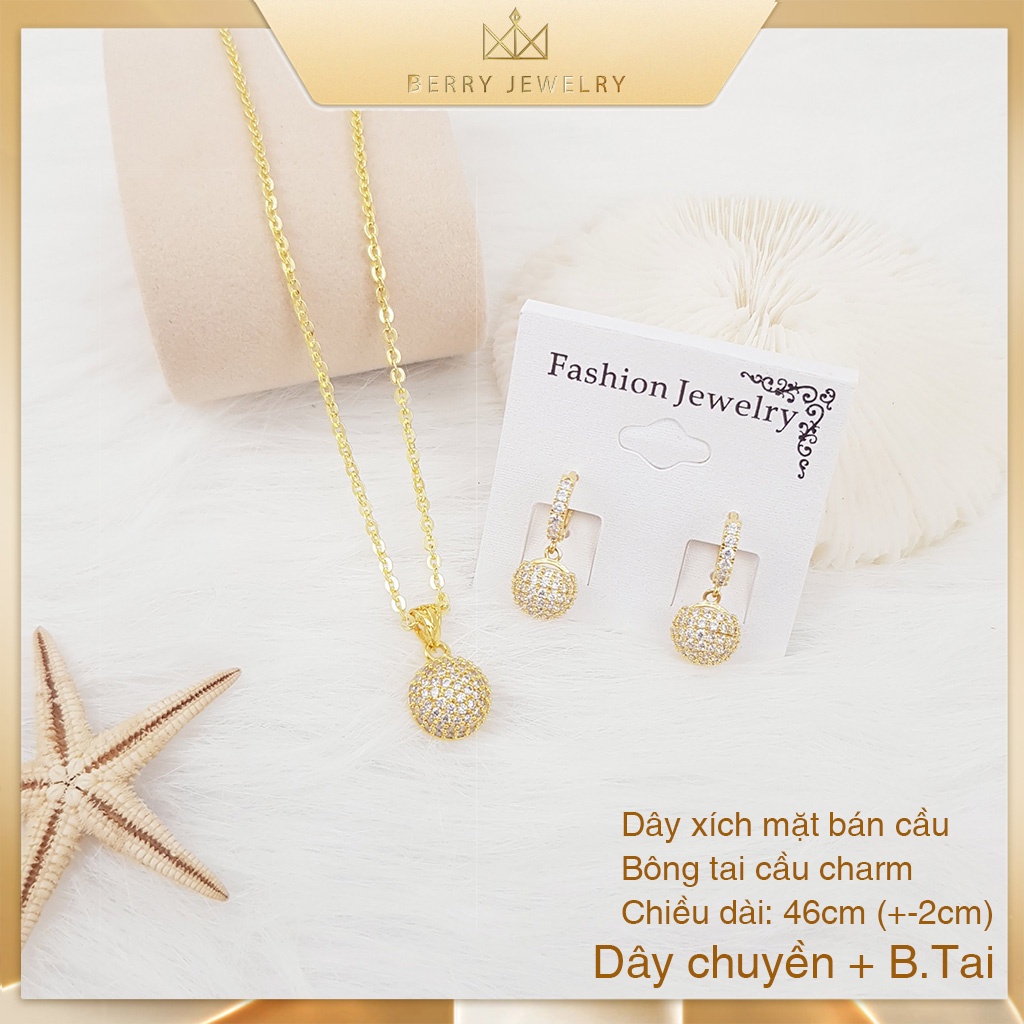 Set Dây Chuyền Nữ Kèm Khuyên Tai Tròn Charm Dây Xích Nhỏ Mặt Cầu Bi Đính Đá Sang Trọng