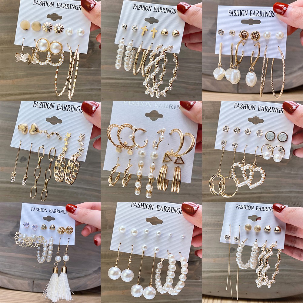 Bộ khuyên tai mạ vàng đính đá và ngọc trai nhiều kiểu dáng thời trang retro cho nữ