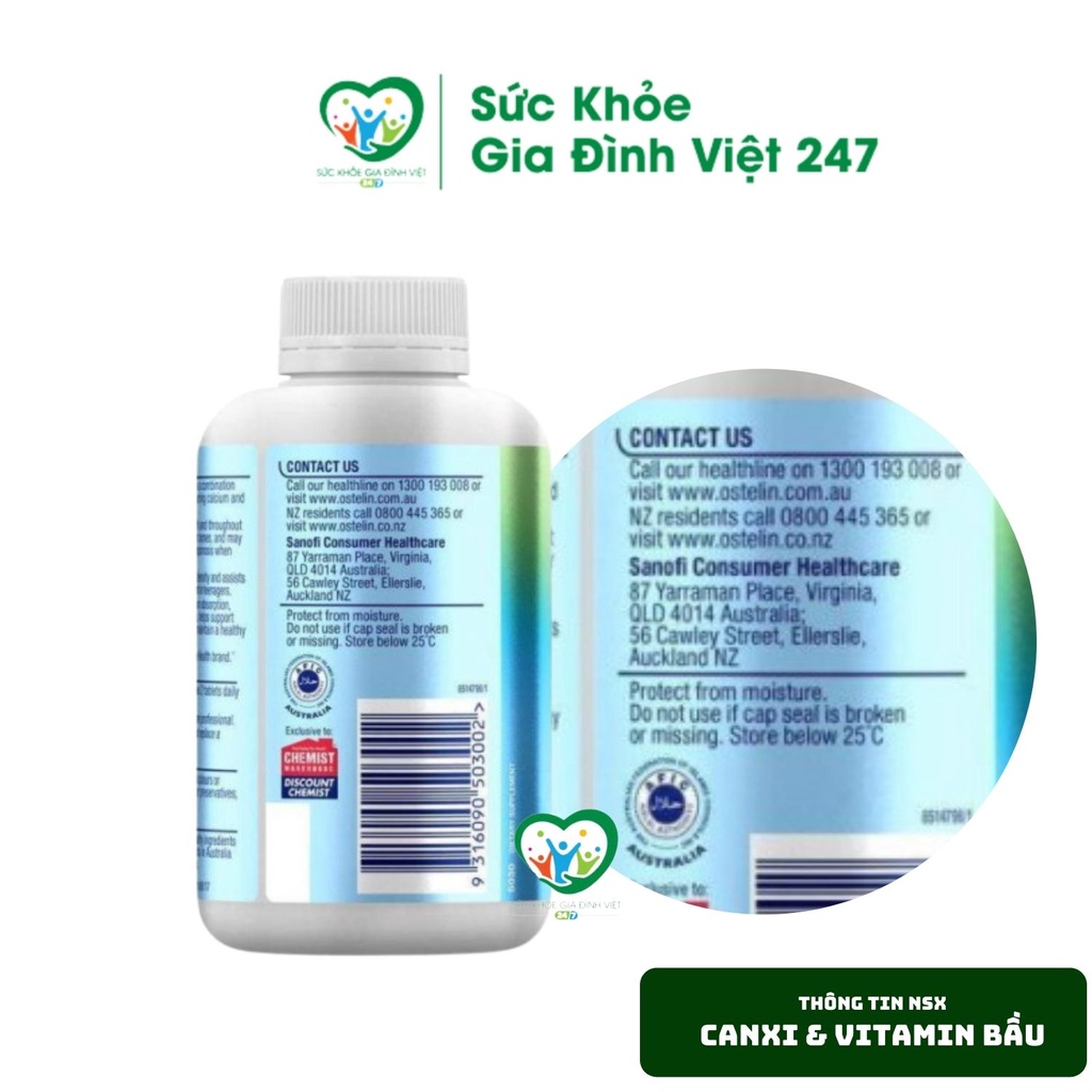 Viên Uống Canxi Cho Bà Bầu Ostelin Calcium &amp; Vitamin D3 của Úc 130 viên